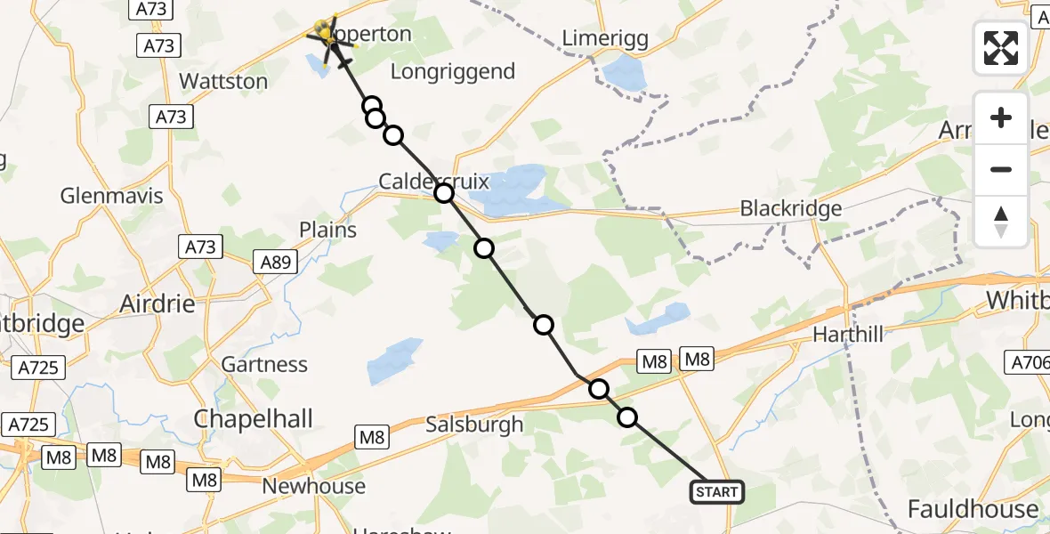 Flight path map showing Police Helicopter route from Shotts to Upperton
