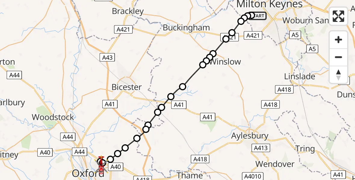 Flight path map showing Air Ambulance Helicopter route from Shenley Wood to Oxford