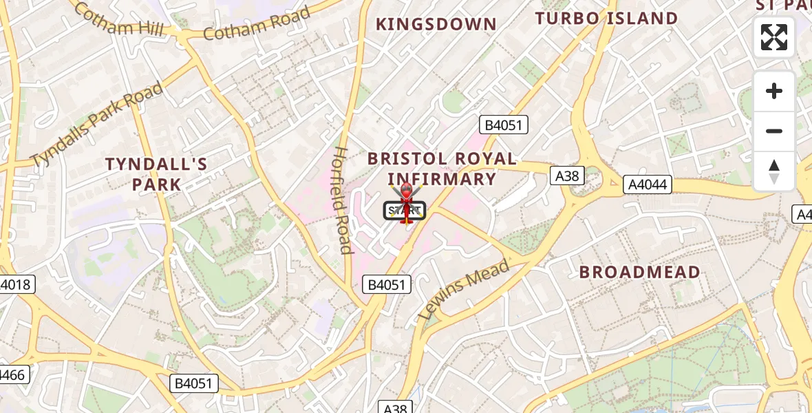 Flight path map showing Air Ambulance Helicopter route from Bristol Royal Infirmary to Bristol Royal Infirmary