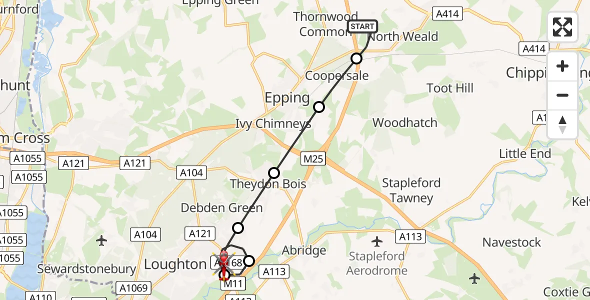 Flight path map showing Air Ambulance Helicopter route from North Weald Airfield to Loughton