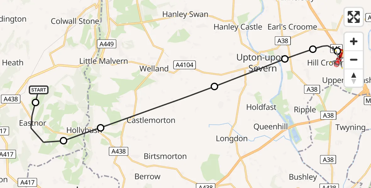 Flight path map showing Air Ambulance Helicopter route from Ledbury to Upper Strensham