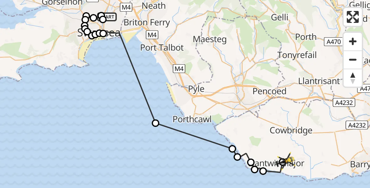 Flight path map showing Police Helicopter route from Pentre-chwyth to Boverton
