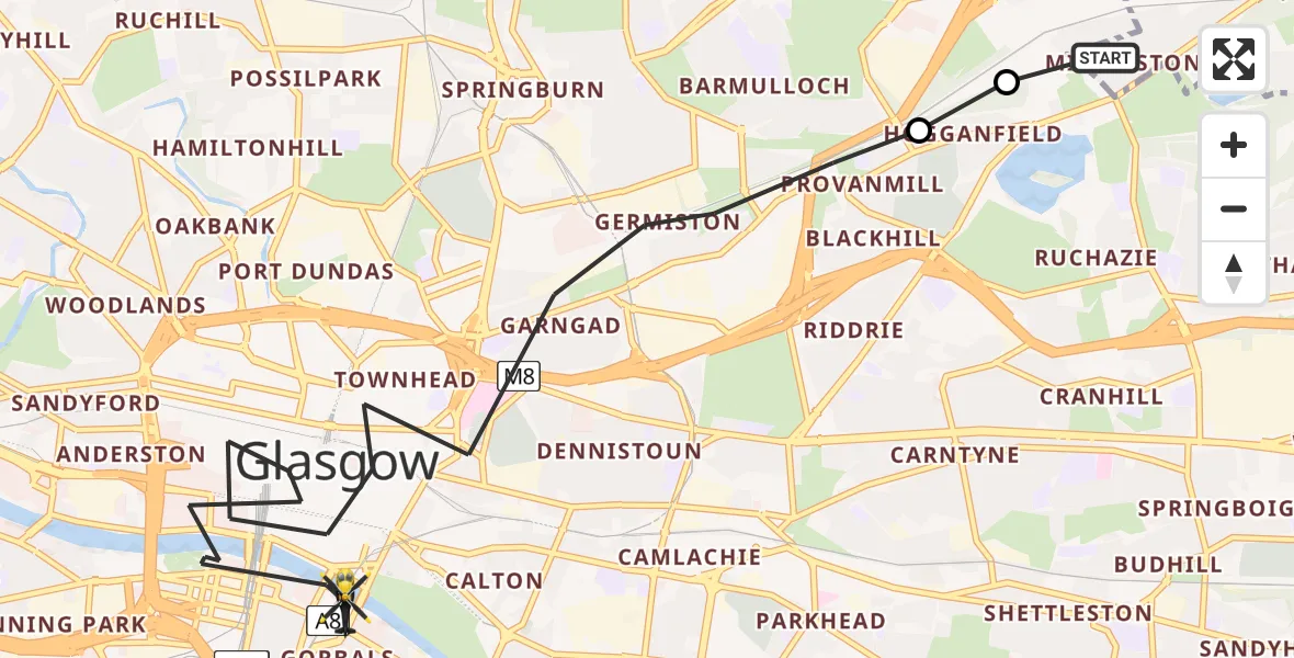 Flight path map showing Police Helicopter route from Stepps to Glasgow