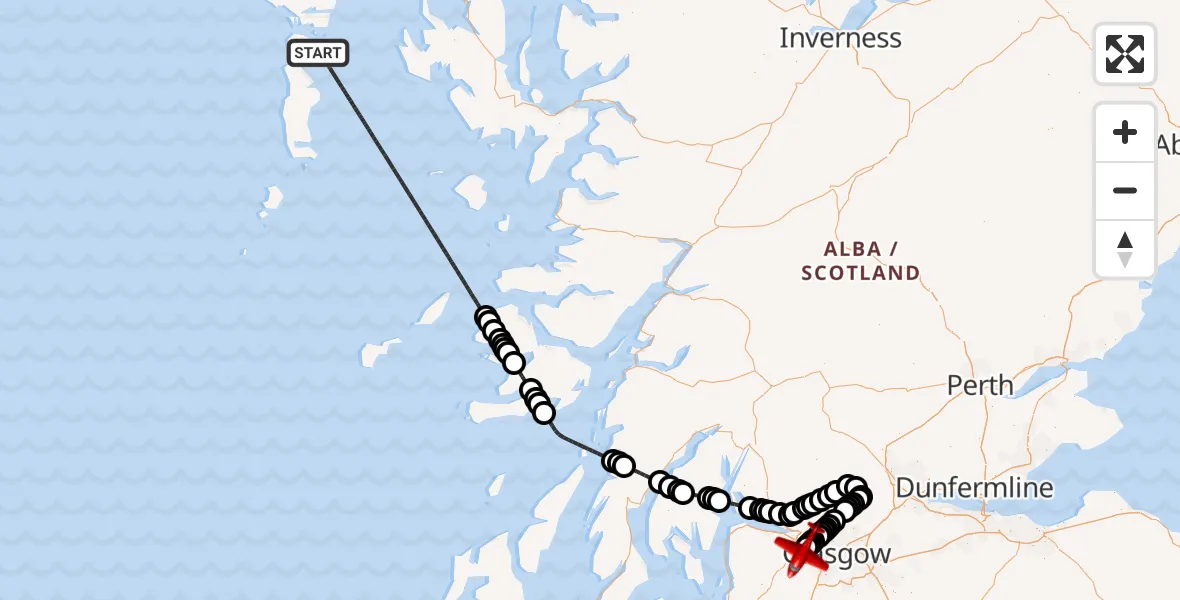 Flight path map showing Air Ambulance Aircraft route from Inner Seas to Glasgow Airport
