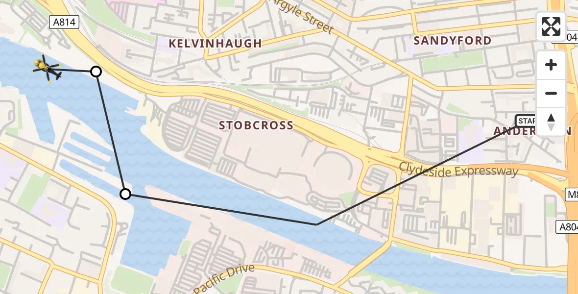 Flight path map showing Police Helicopter route from Glasgow to Glasgow City Heliport