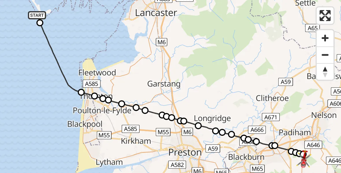 Flight path map showing Air Ambulance Helicopter route from Barrow to Loveclough