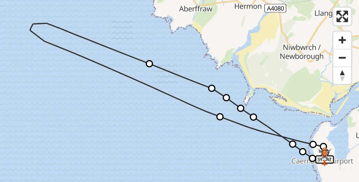 Flight path map showing Coastguard Helicopter route from Caernarfon Airport to Caernarfon Airport
