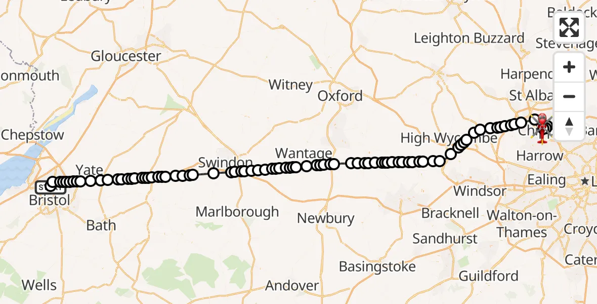 Flight path map showing Air Ambulance Helicopter route from Southmead Hospital to Elstree Airfield