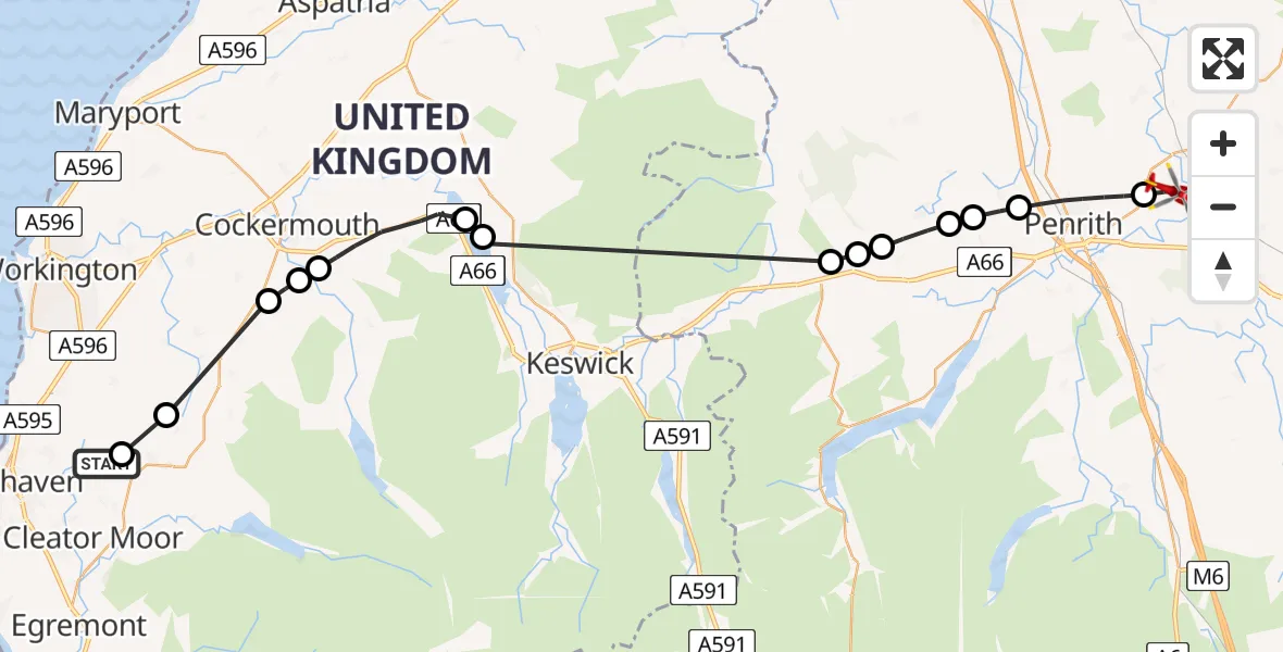 Flight path map showing Air Ambulance Helicopter route from Weddicar to Edenhall