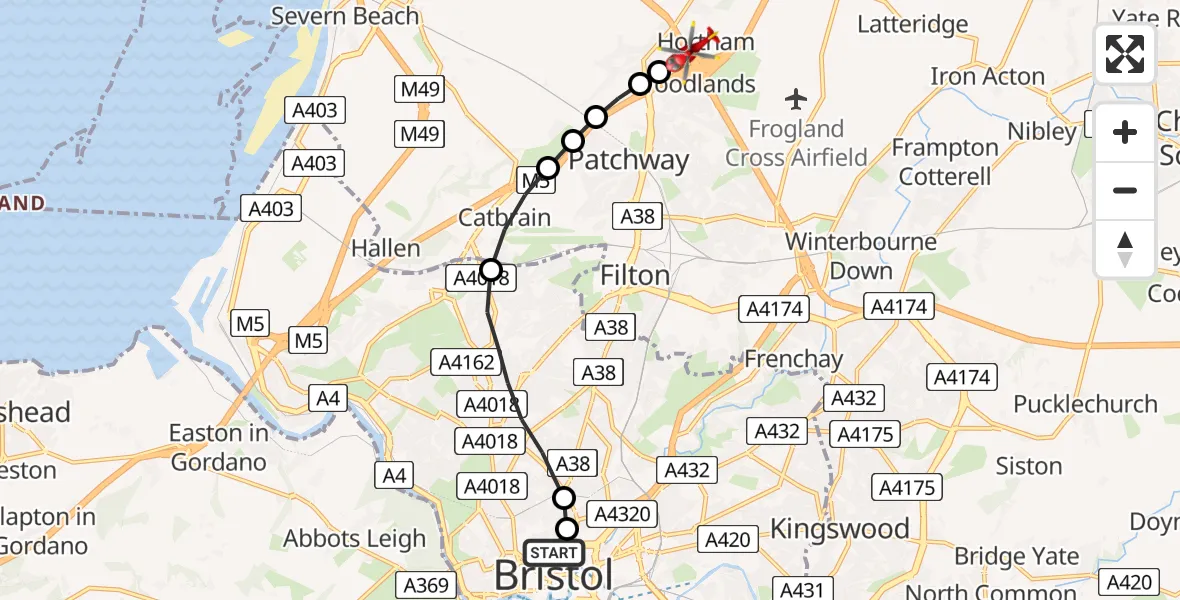 Flight path map showing Air Ambulance Helicopter route from Bristol Children's Hospital to Woodlands