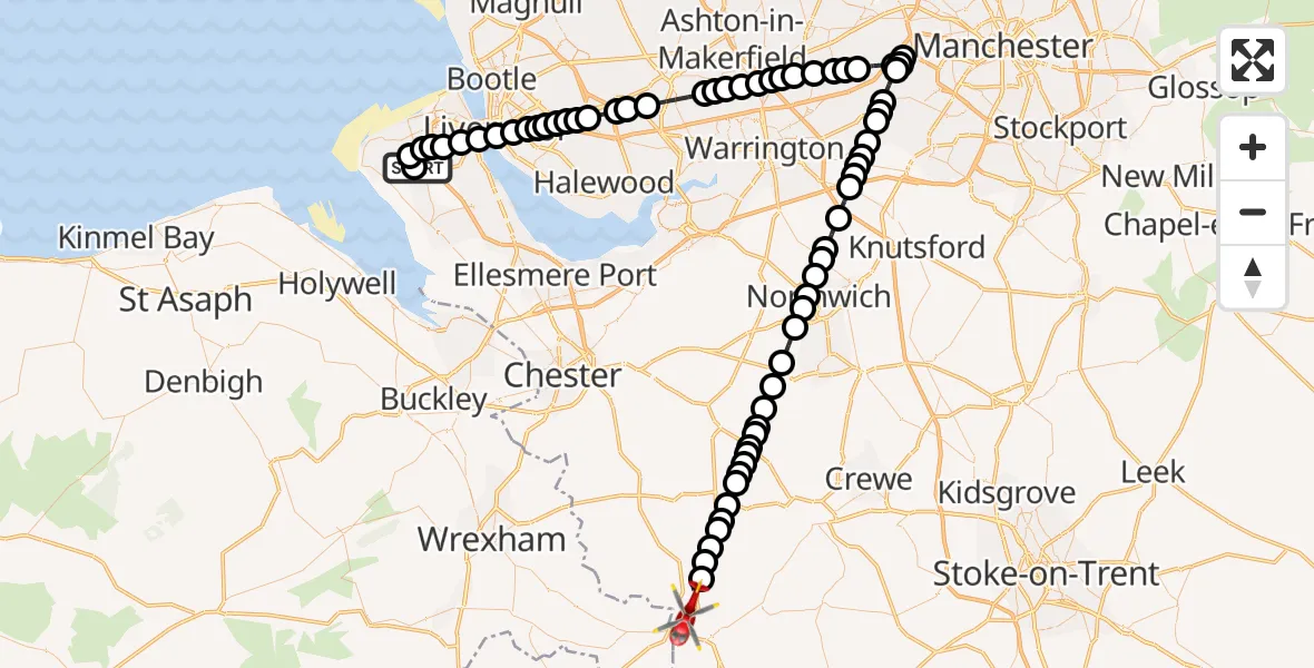 Flight path map showing Air Ambulance Helicopter route from Upton to Grindley Brook
