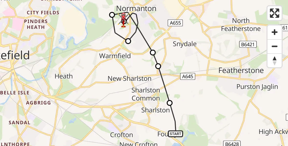 Flight path map showing Air Ambulance Helicopter route from YAA Nostell Helicopter Port to Altofts