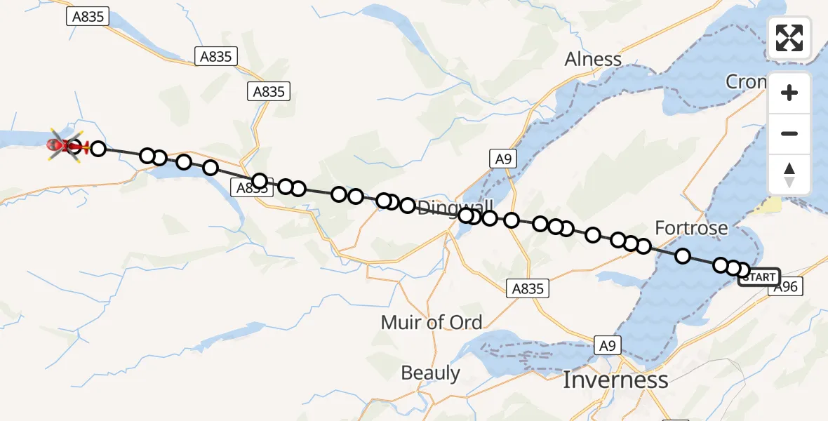 Flight path map showing Air Ambulance Helicopter route from Inverness Airport to Highland