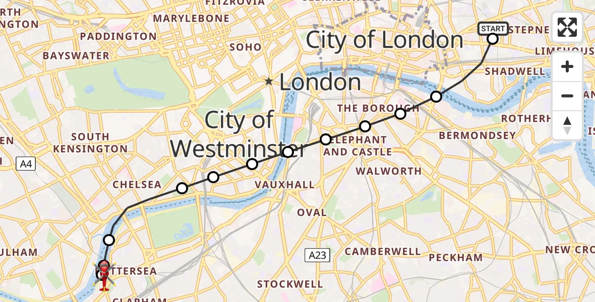 Flight path map showing Air Ambulance Helicopter route from Royal London Hospital to London Heliport