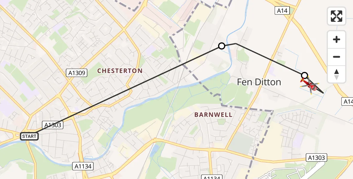 Flight path map showing Air Ambulance Helicopter route from Cambridge to Horningsea