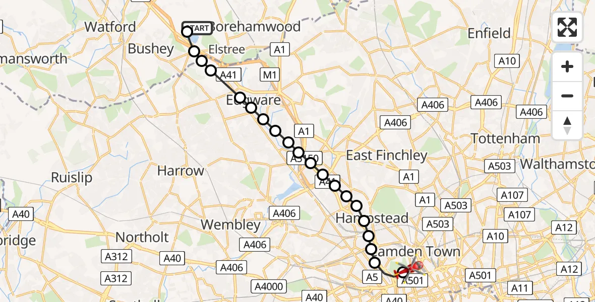 Flight path map showing Air Ambulance Helicopter route from Elstree Airfield to Chalk Farm