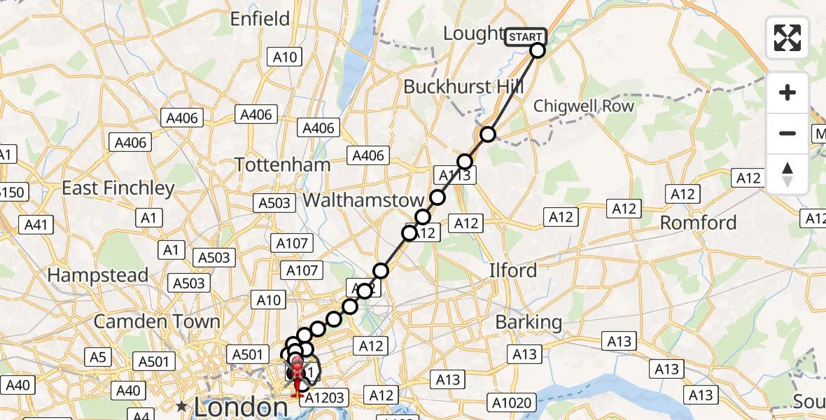 Flight path map showing Air Ambulance Helicopter route from Loughton to Royal London Hospital