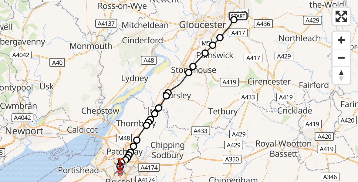 Flight path map showing Air Ambulance Helicopter route from Cheltenham to Bristol