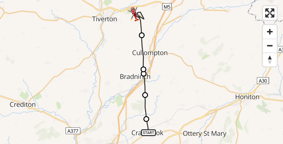 Flight path map showing Air Ambulance Helicopter route from Cranbrook to Halberton