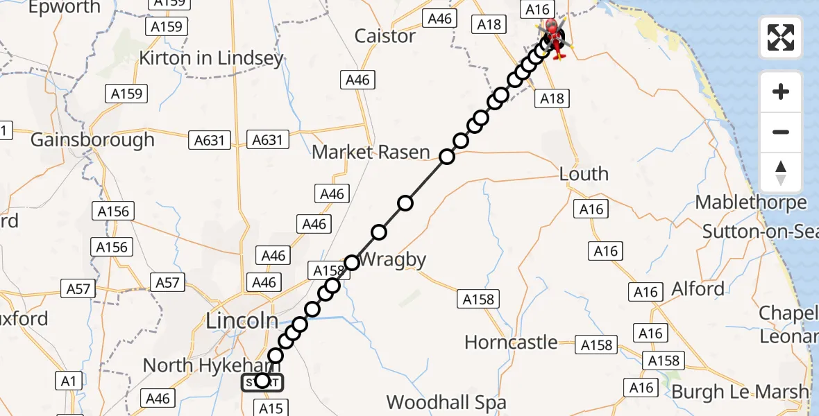 Flight path map showing Air Ambulance Helicopter route from RAF Waddington to East Lindsey
