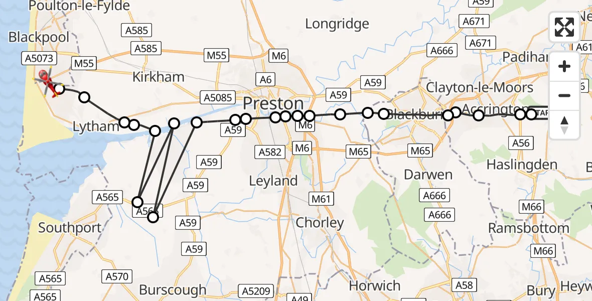 Flight path map showing Air Ambulance Helicopter route from Loveclough to Blackpool Airport