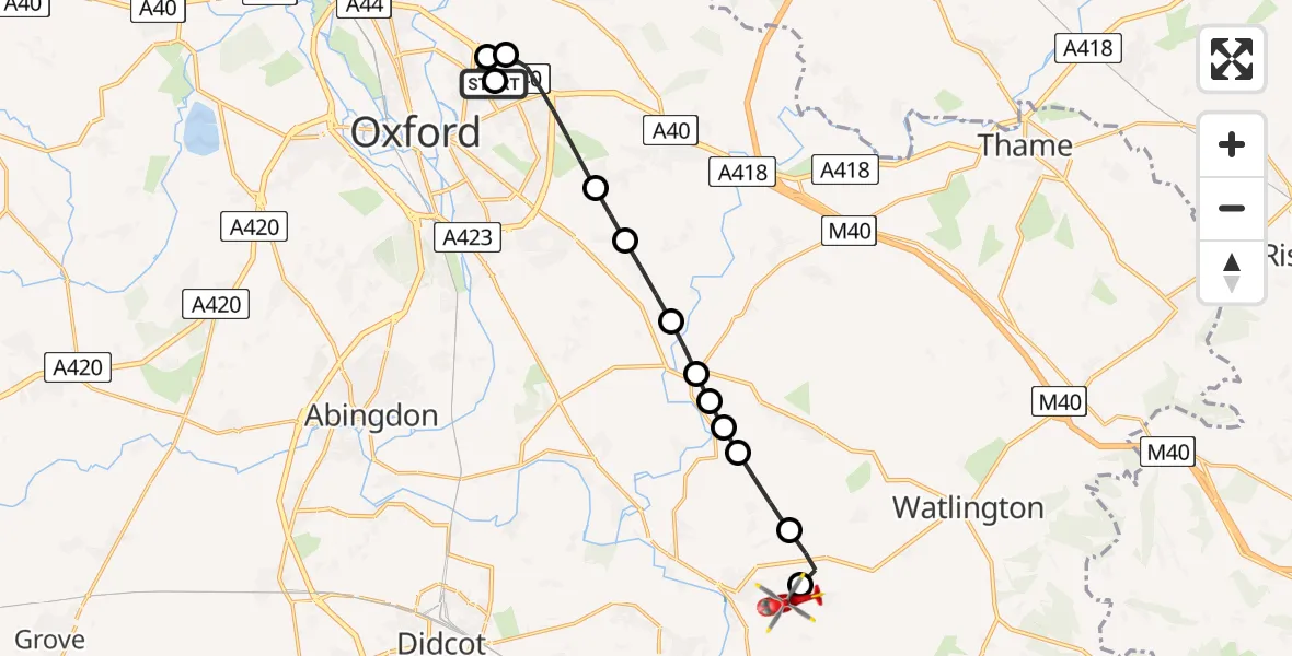 Flight path map showing Air Ambulance Helicopter route from John Radcliffe Hospital to RAF Benson