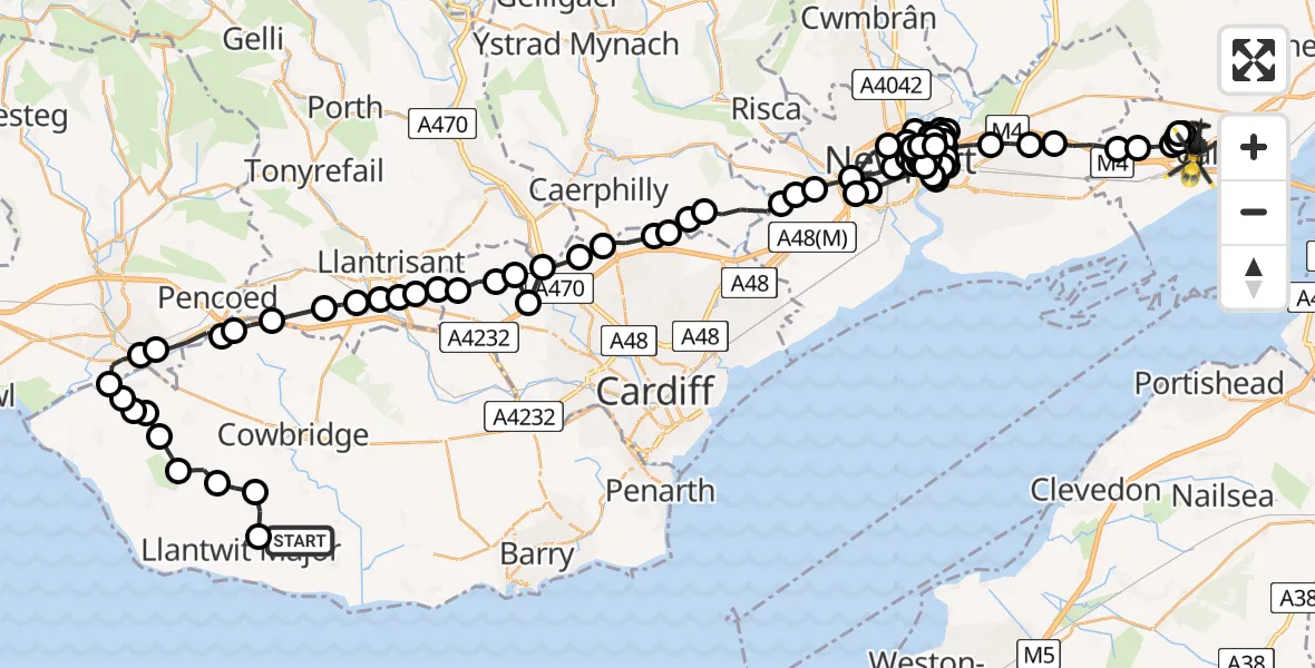 Flight path map showing Police Helicopter route from MOD St Athan to Caldicot