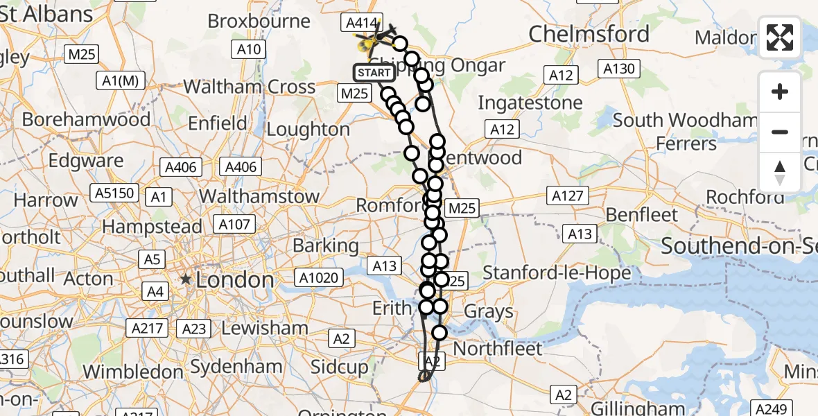 Flight path map showing Police Helicopter route from Woodhatch to North Weald Airfield