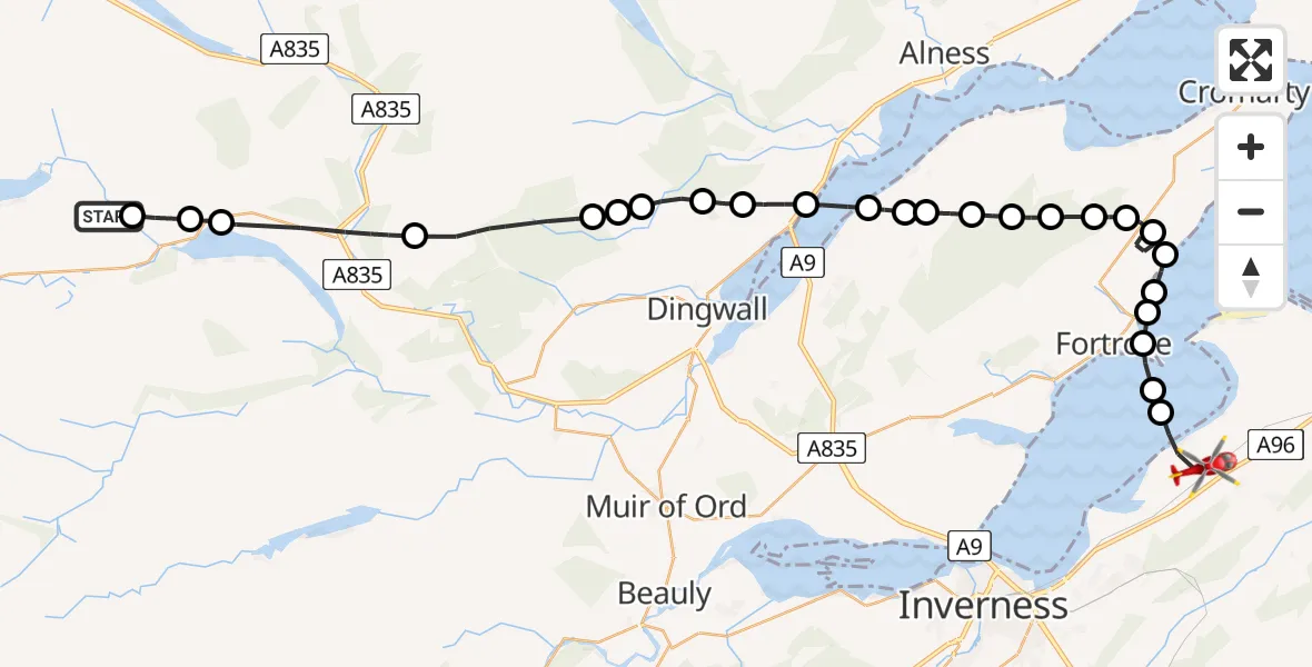 Flight path map showing Air Ambulance Helicopter route from Aultdearg to Inverness