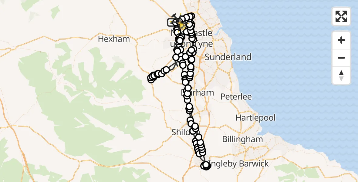 Flight path map showing Police Helicopter route from Newcastle International Airport to Newcastle International Airport