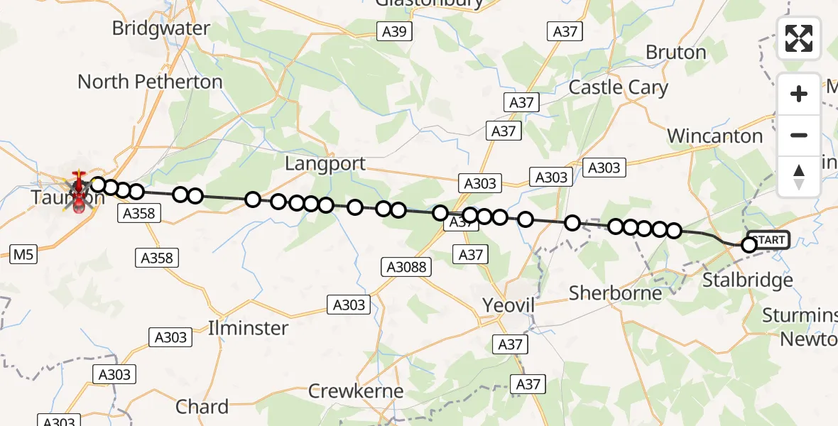 Flight path map showing Air Ambulance Helicopter route from Henstridge Airfield to Taunton