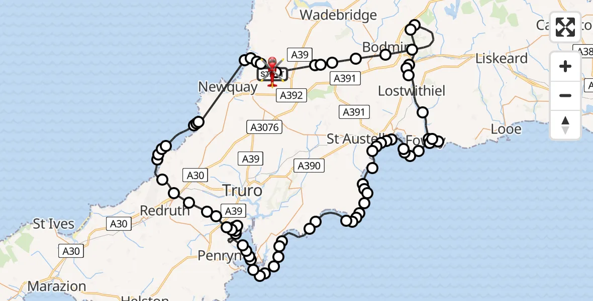Flight path map showing Air Ambulance Helicopter route from Cornwall Airport Newquay to Cornwall Airport Newquay