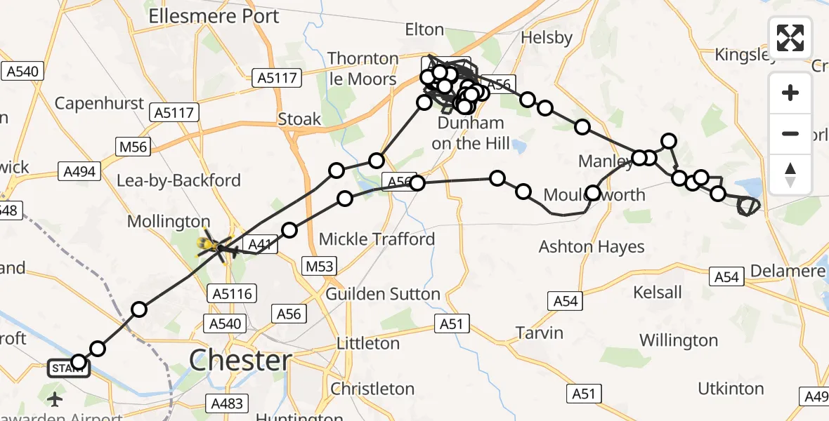 Flight path map showing Police Helicopter route from Hawarden Airport to Chester