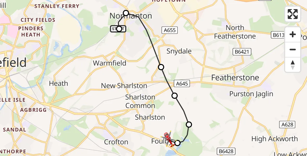 Flight path map showing Air Ambulance Helicopter route from Normanton and Altofts to YAA Nostell Helicopter Port