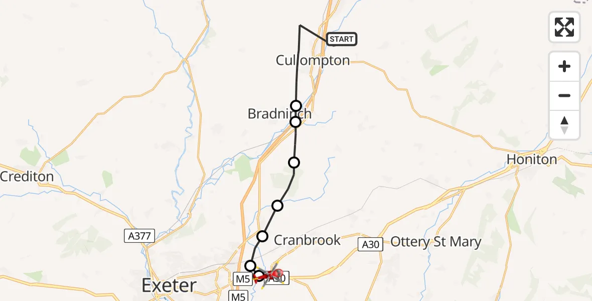 Flight path map showing Air Ambulance Helicopter route from Cullompton to East Devon
