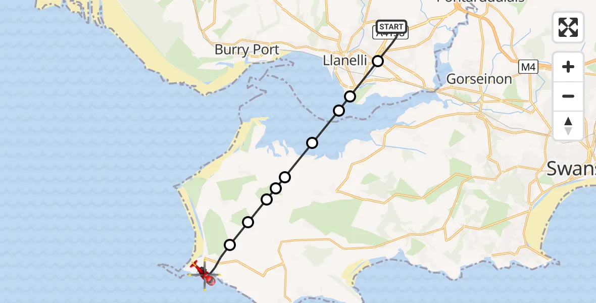 Flight path map showing Air Ambulance Helicopter route from Dafen to Rhossili