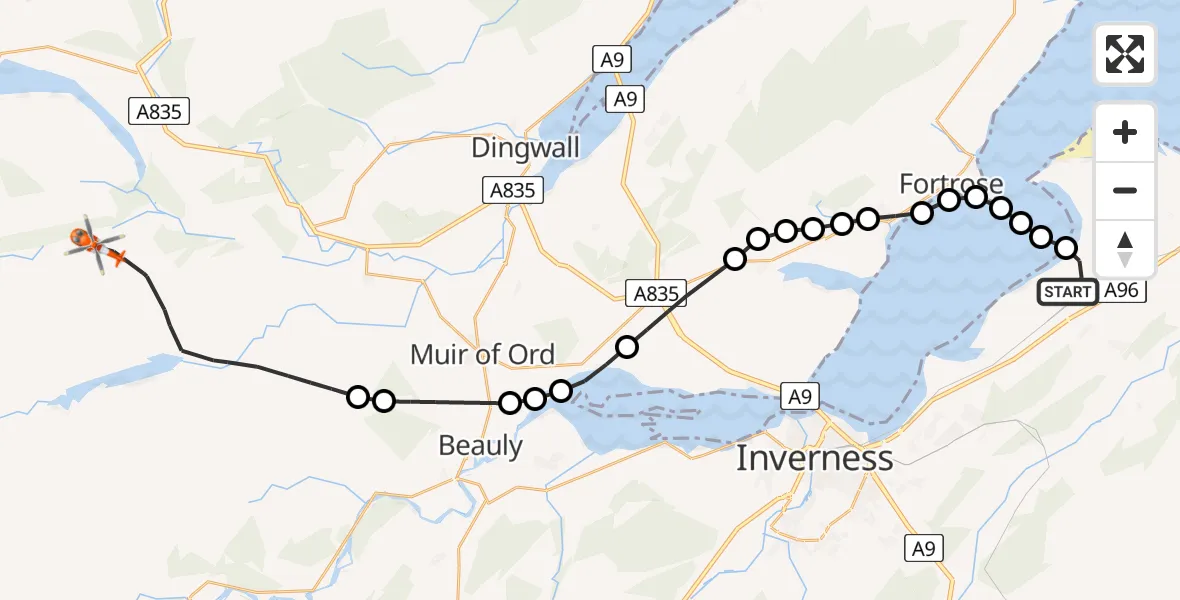 Flight path map showing Coastguard Helicopter route from Inverness Airport to Scatwell