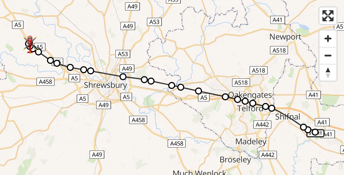 Flight path map showing Air Ambulance Helicopter route from RAF Cosford to Nesscliffe