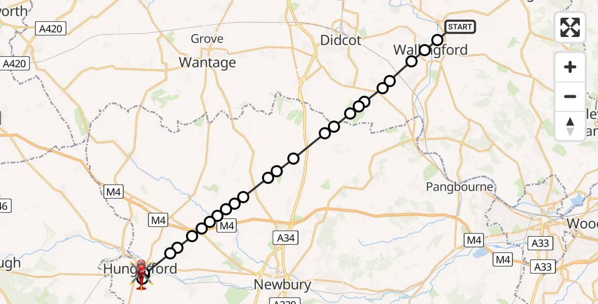 Flight path map showing Air Ambulance Helicopter route from RAF Benson to Hungerford