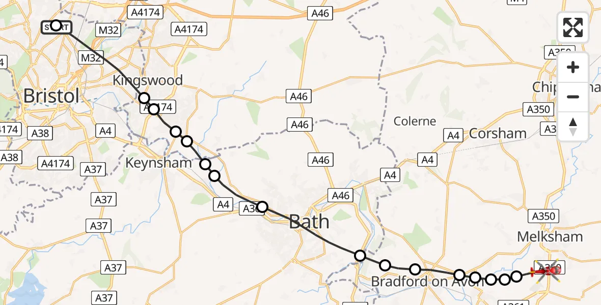 Flight path map showing Air Ambulance Helicopter route from Southmead Hospital to Melksham
