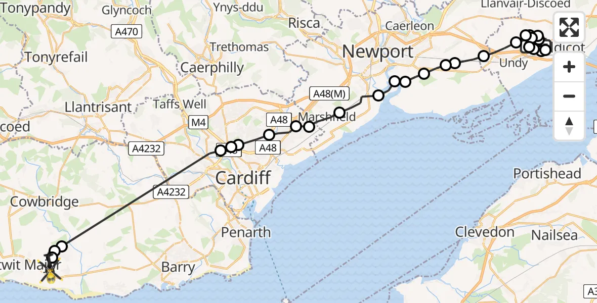 Flight path map showing Police Helicopter route from Rogiet to MOD St Athan