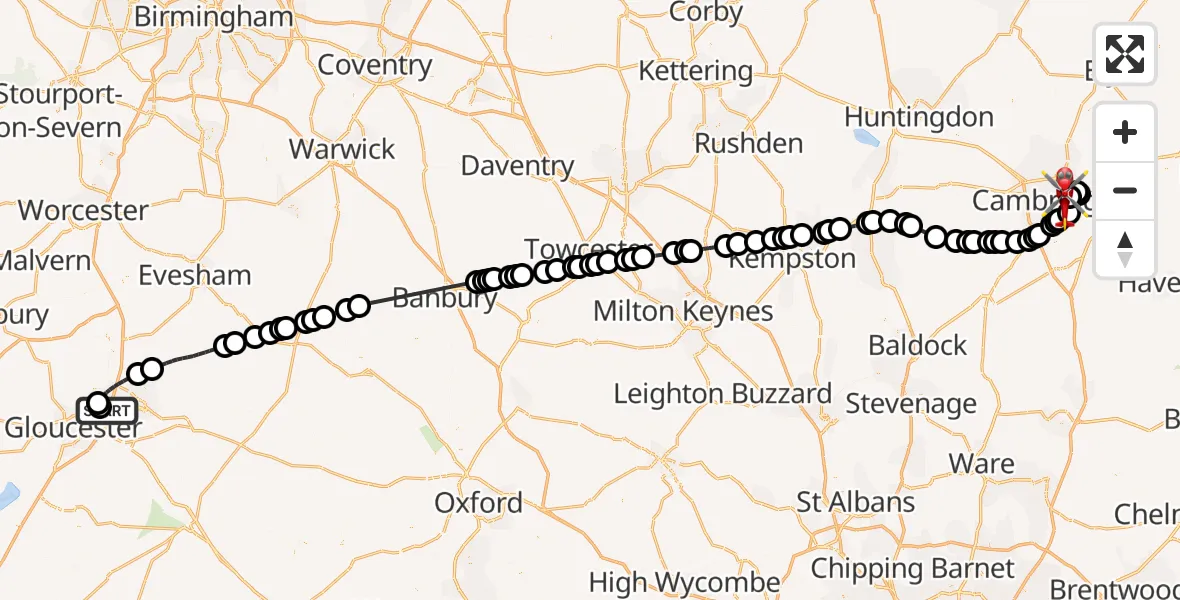 Flight path map showing Air Ambulance Helicopter route from Gloucestershire Airport to Cambridge City Airport