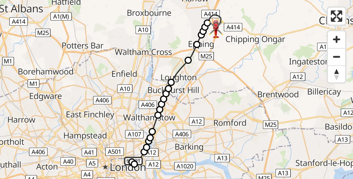 Flight path map showing Air Ambulance Helicopter route from Royal London Hospital to North Weald Airfield