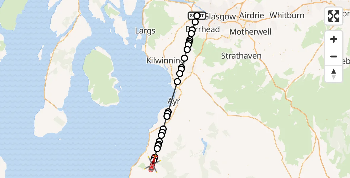 Flight path map showing Air Ambulance Helicopter route from Glasgow Airport to Pinmore