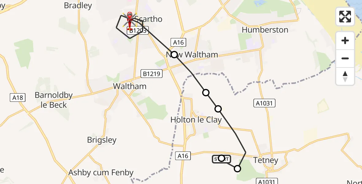 Flight path map showing Air Ambulance Helicopter route from Grimsby to Grimsby