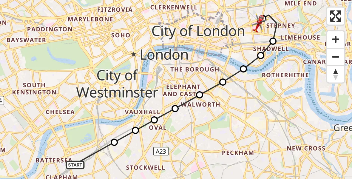 Flight path map showing Air Ambulance Helicopter route from Clapham Junction to Royal London Hospital