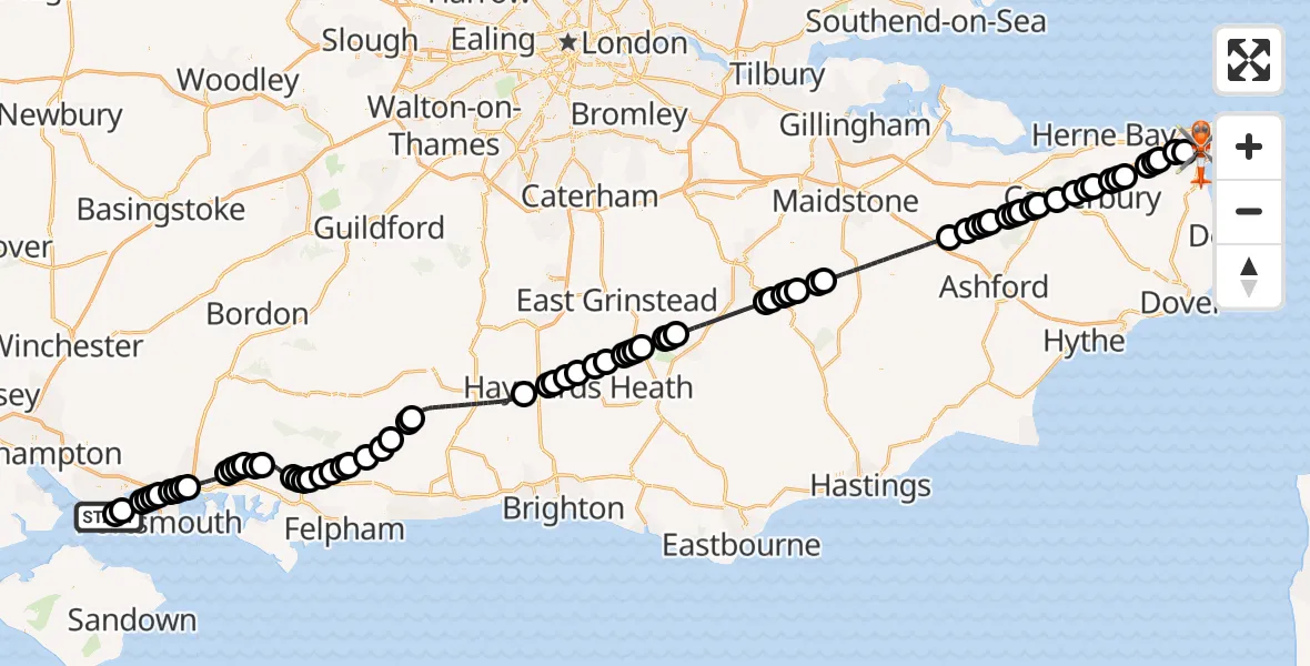 Flight path map showing Coastguard Helicopter route from Solent Airport to Manston Airport