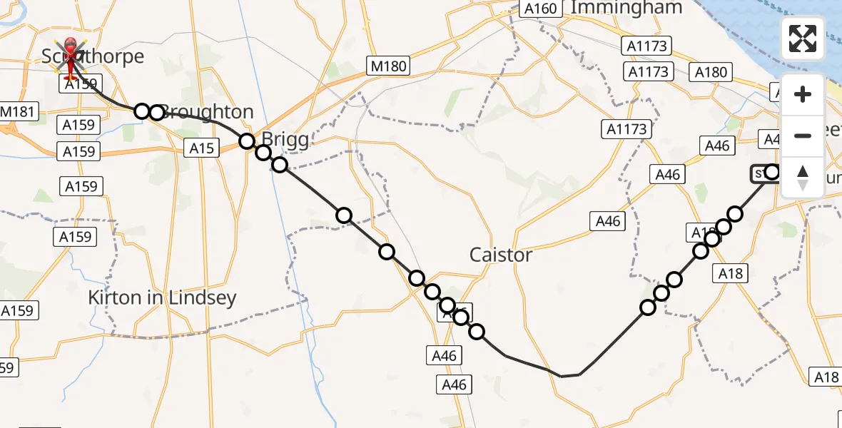 Flight path map showing Air Ambulance Helicopter route from Scartho to Scunthorpe