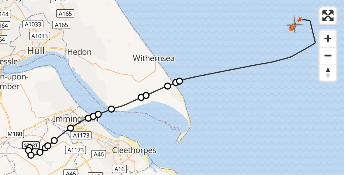 Flight path map showing Coastguard Helicopter route from Humberside Airport to North Sea