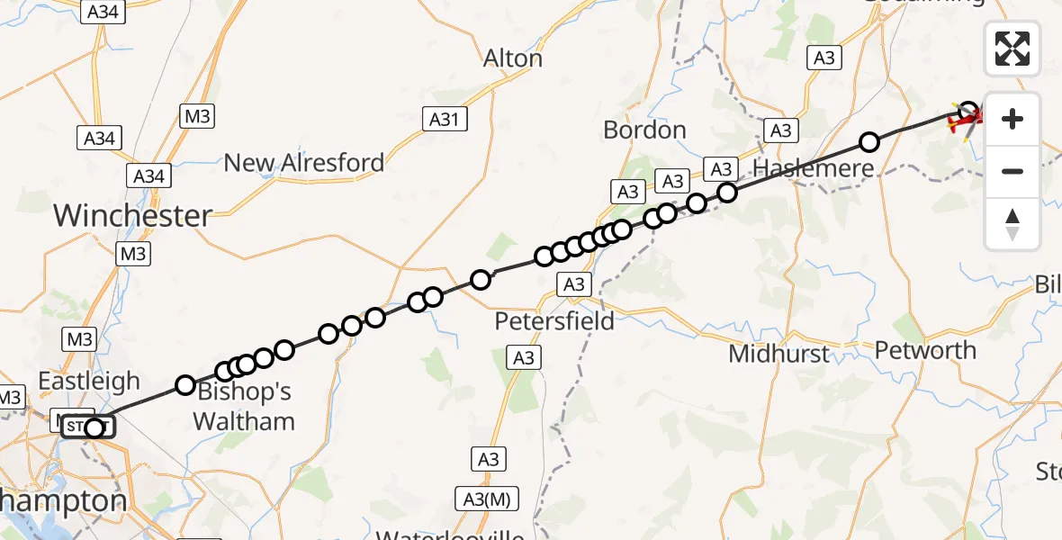 Flight path map showing Air Ambulance Helicopter route from Southampton Airport to Dunsfold